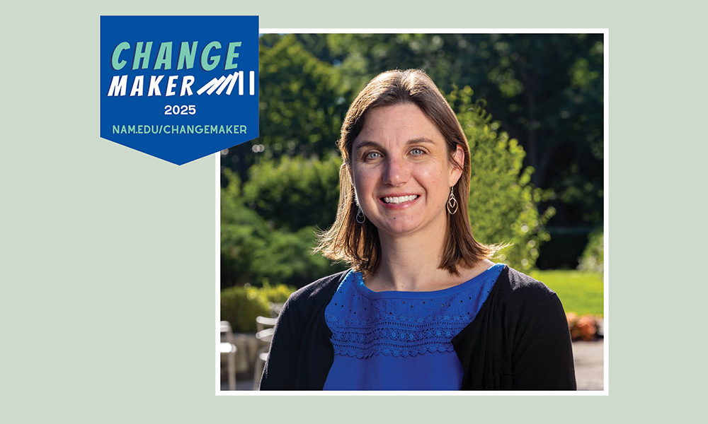 Headshot featuring Dr. Janet Kennedy on the right with the blue Change Makers badge to the left of the photo.